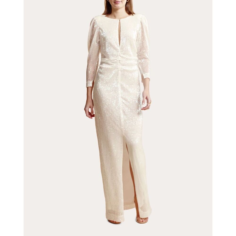byTiMo Ruched Sequin White Bridal Tulle Slit Long Sleeve Maxi Dress‎ Size Medium